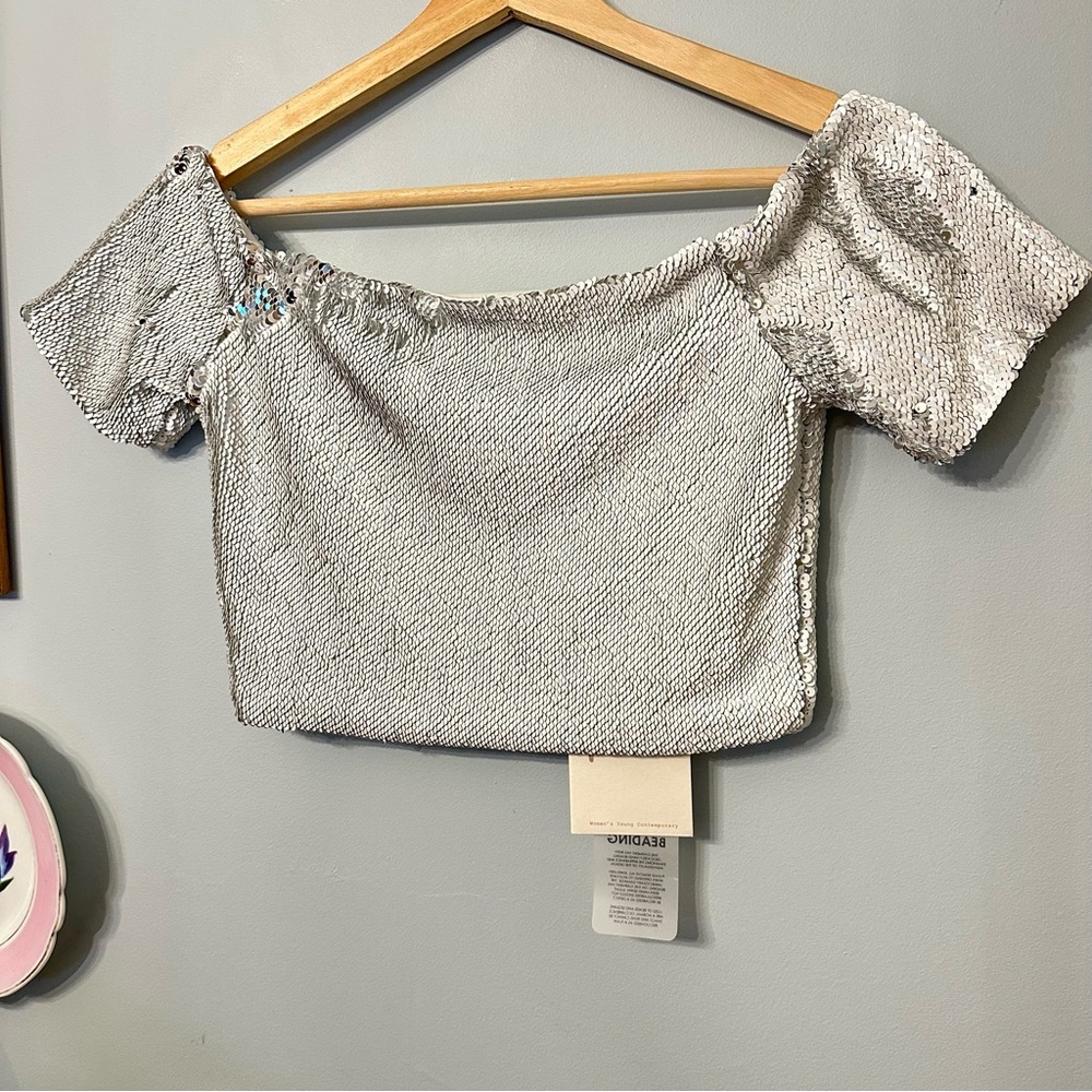 Fanco Sequin Cropped Top Small NWT Silver Party Going Out Bling Sparkly Clubwear